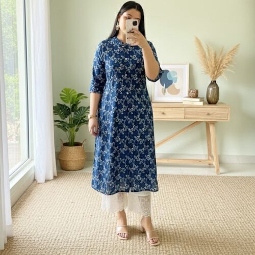 Blue printed cotton kurta