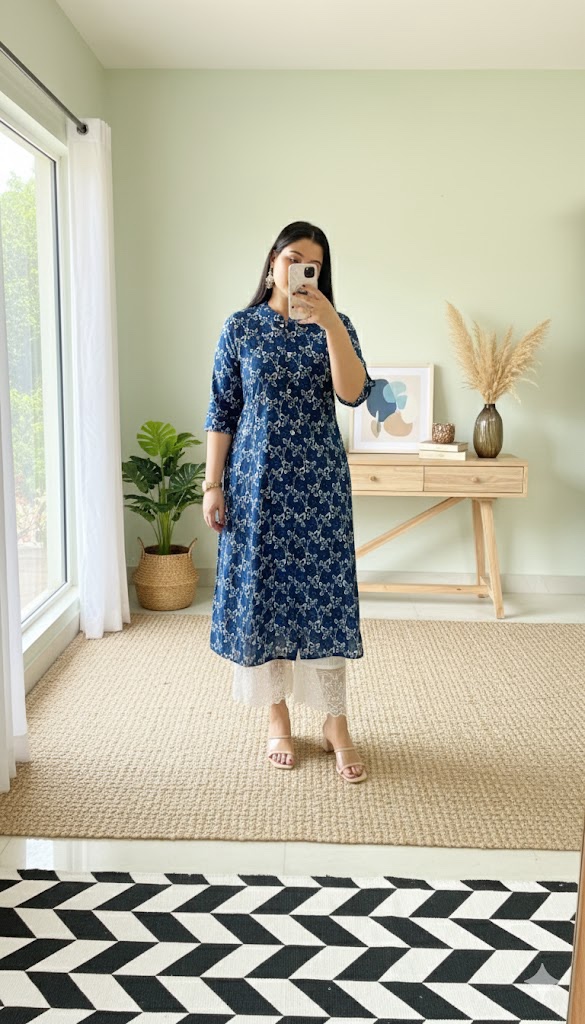 Blue printed cotton kurta