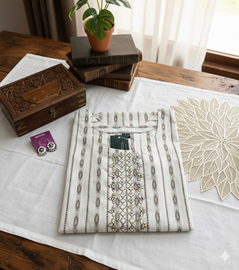 White cotton mirror work kurta - Image 3