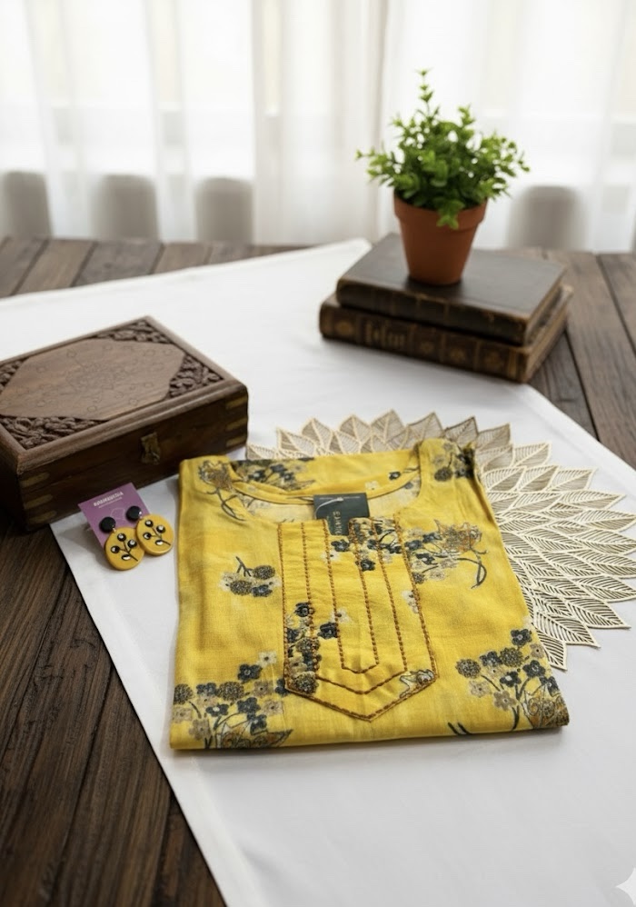 Floral printed yellow kurta - Image 2