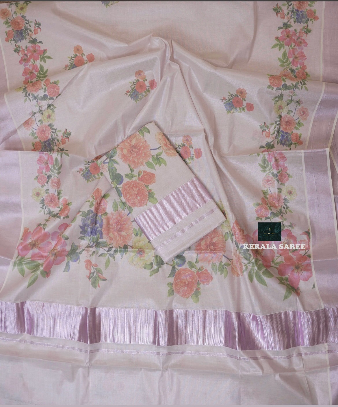 Traditional pink floral Kerala saree - Image 2