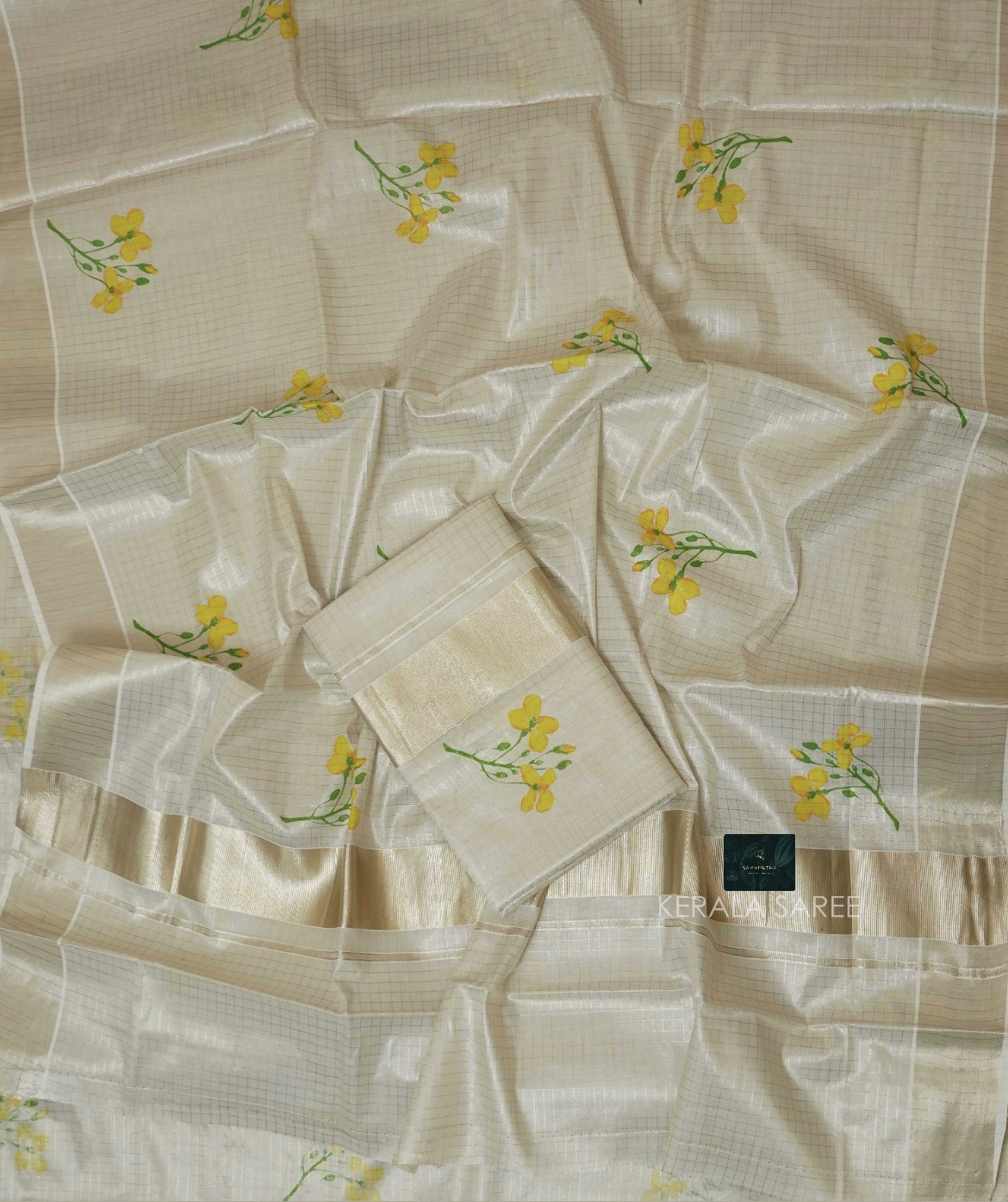yellow floral printed kerala saree - Image 2