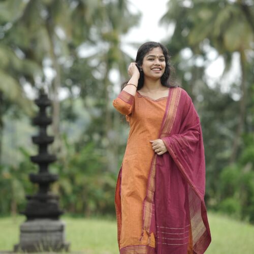 Mangalagiri unstitched set orange