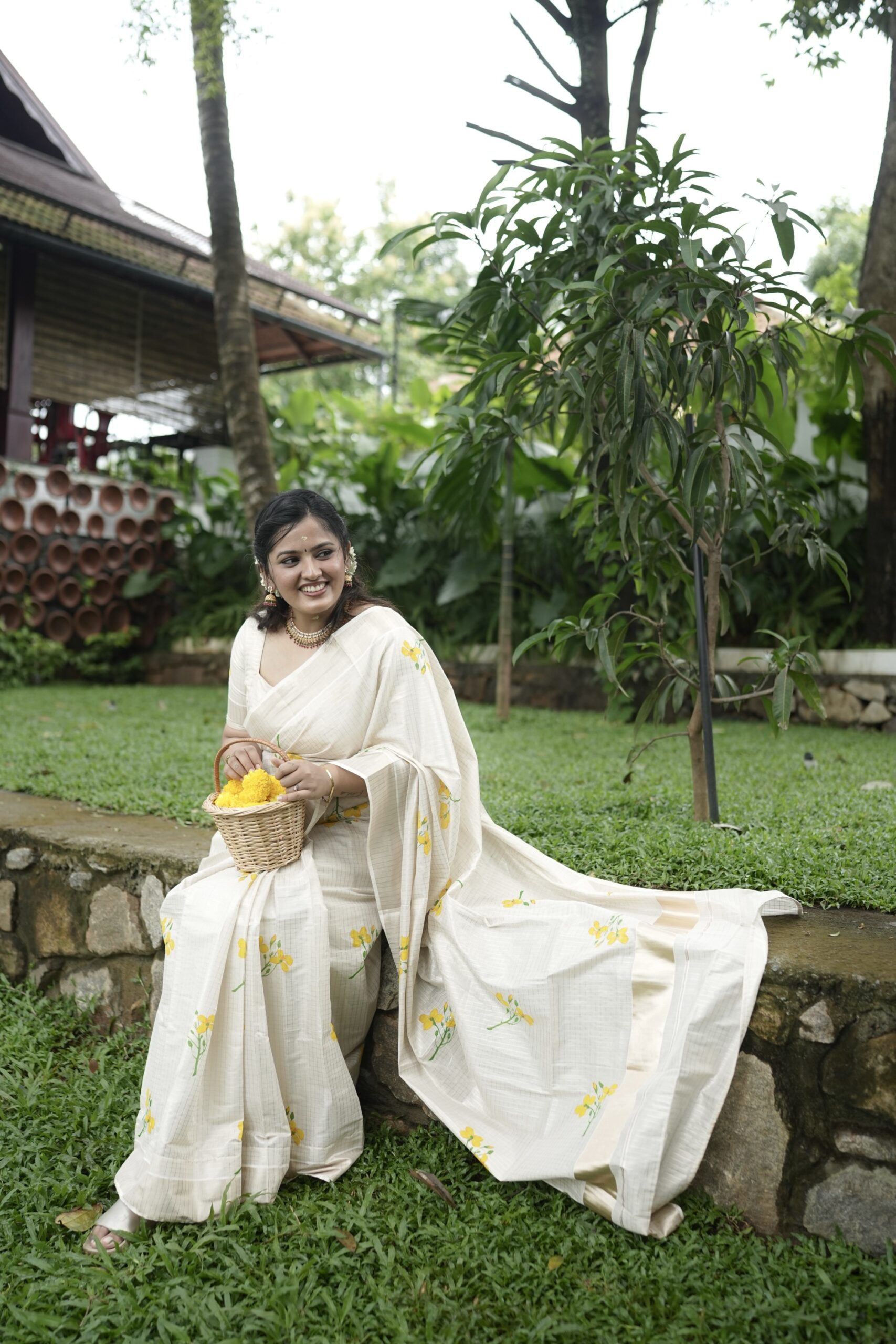yellow floral printed kerala saree - Image 5