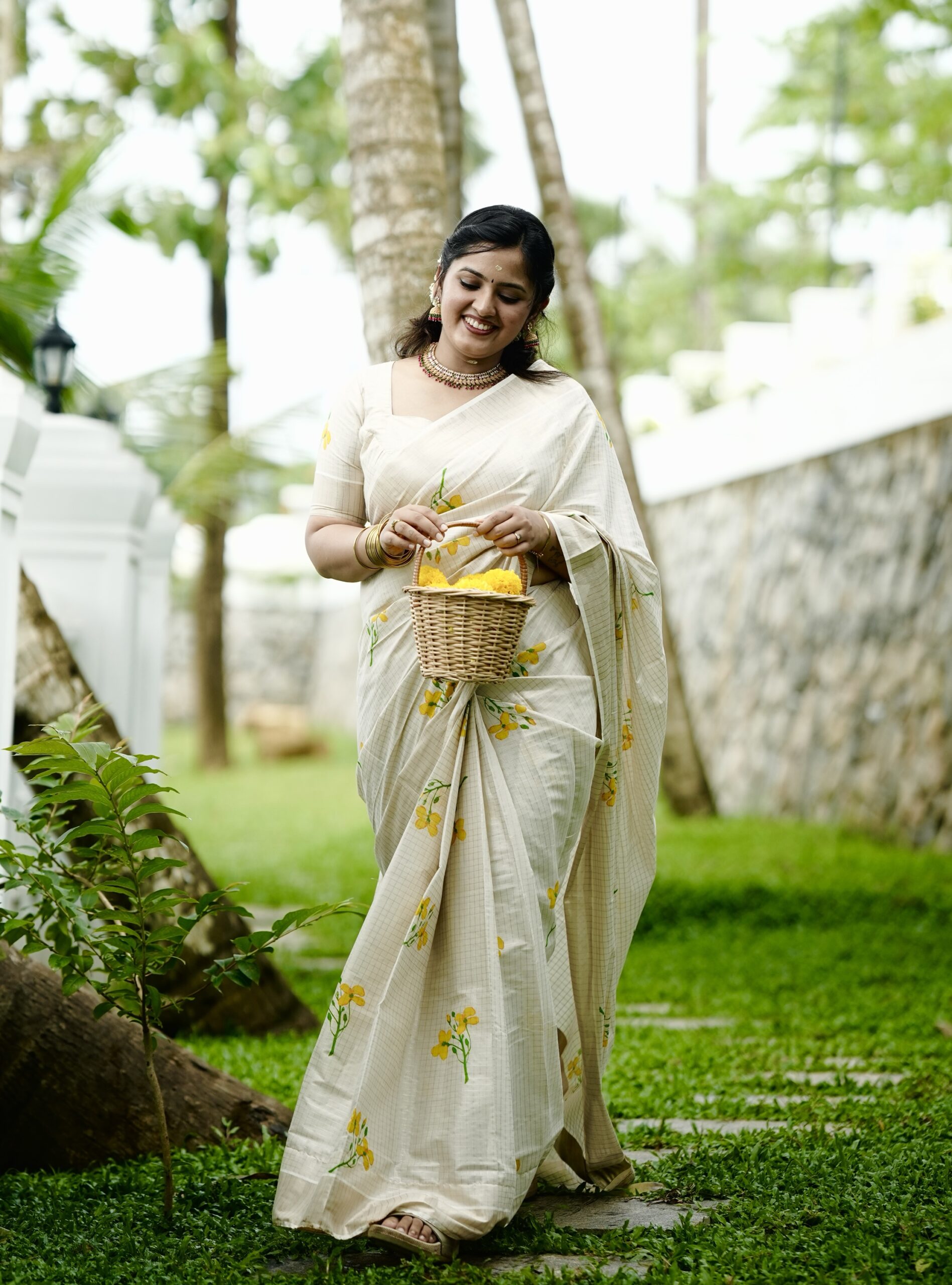yellow floral printed kerala saree - Image 3