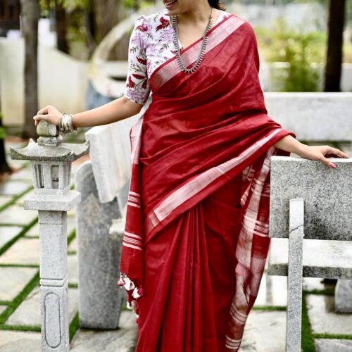 Linen cotton sarees with printed blouse