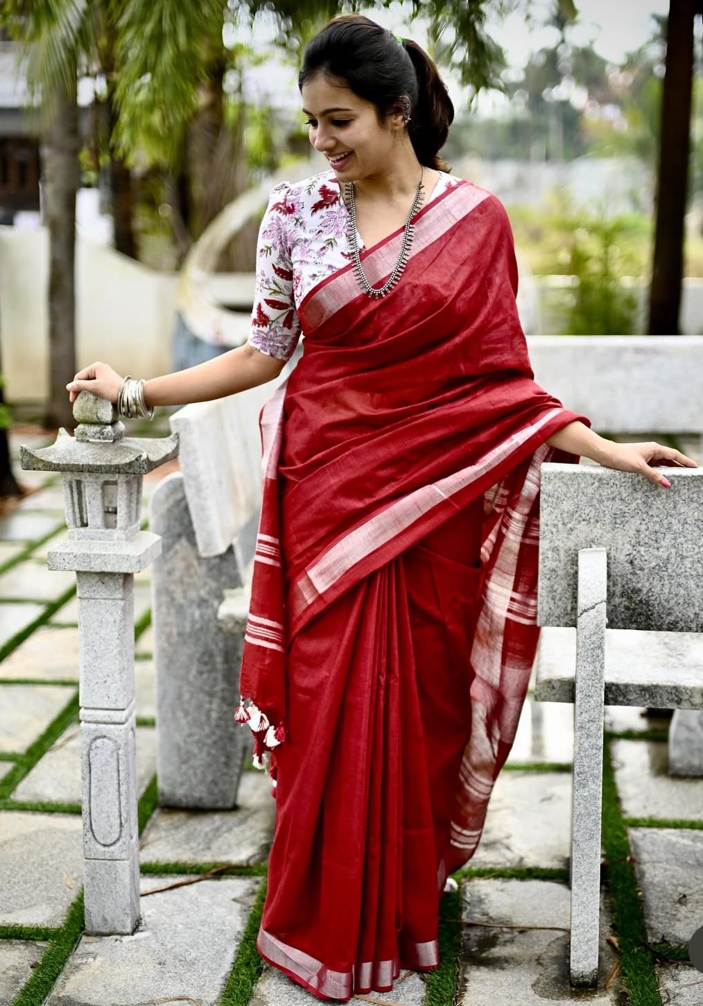 Linen cotton sarees with printed blouse