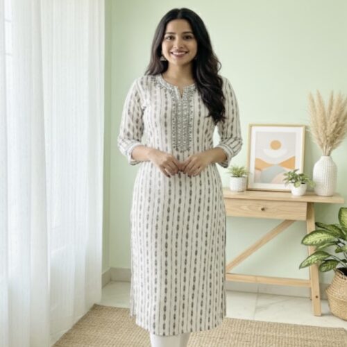 White cotton mirror work kurta