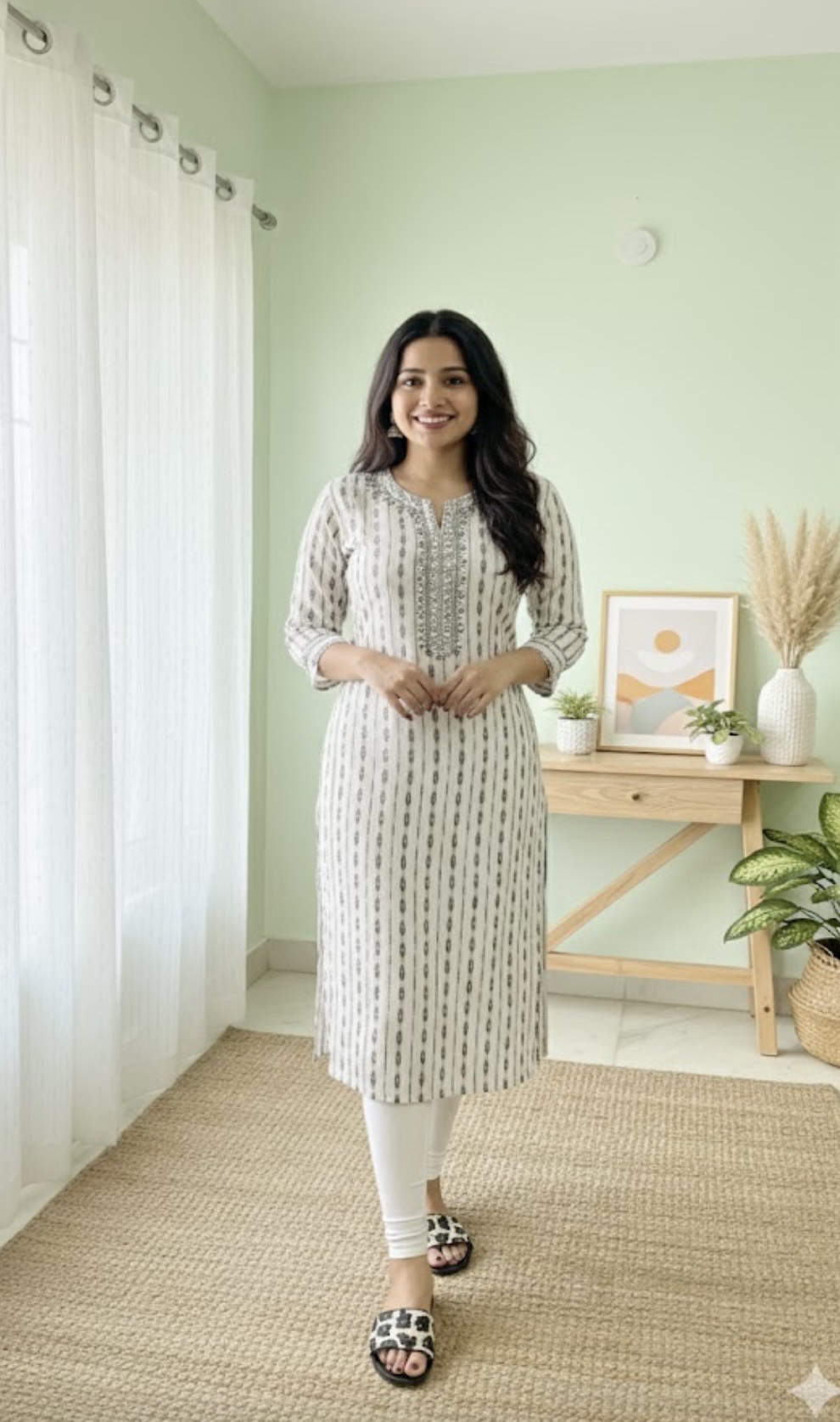 White cotton mirror work kurta