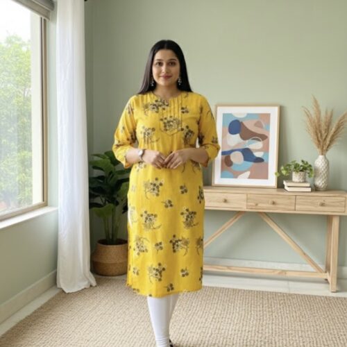 Floral printed yellow kurta