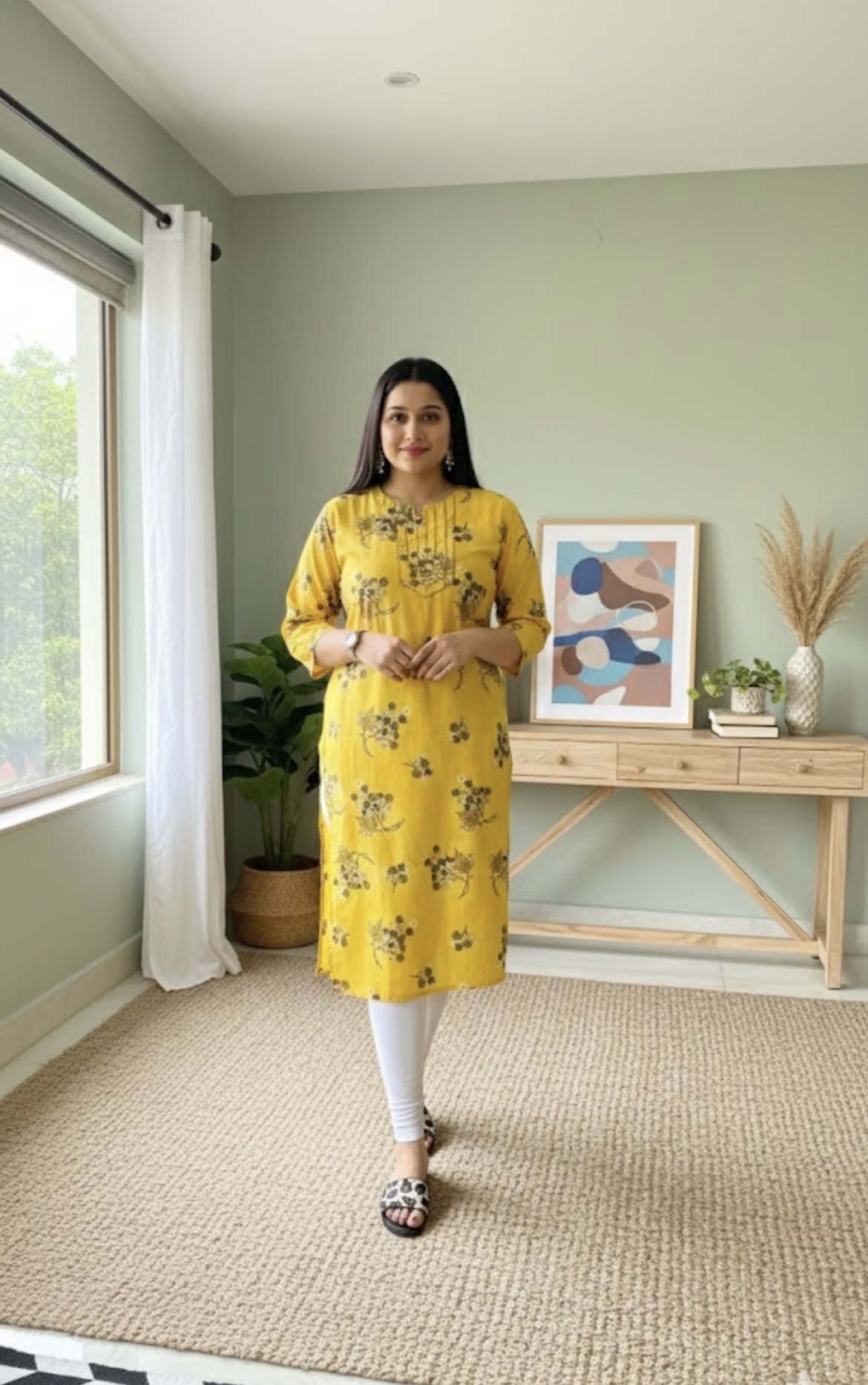 Floral printed yellow kurta