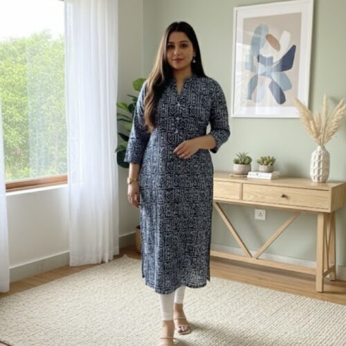 Printed indigo cotton kurta