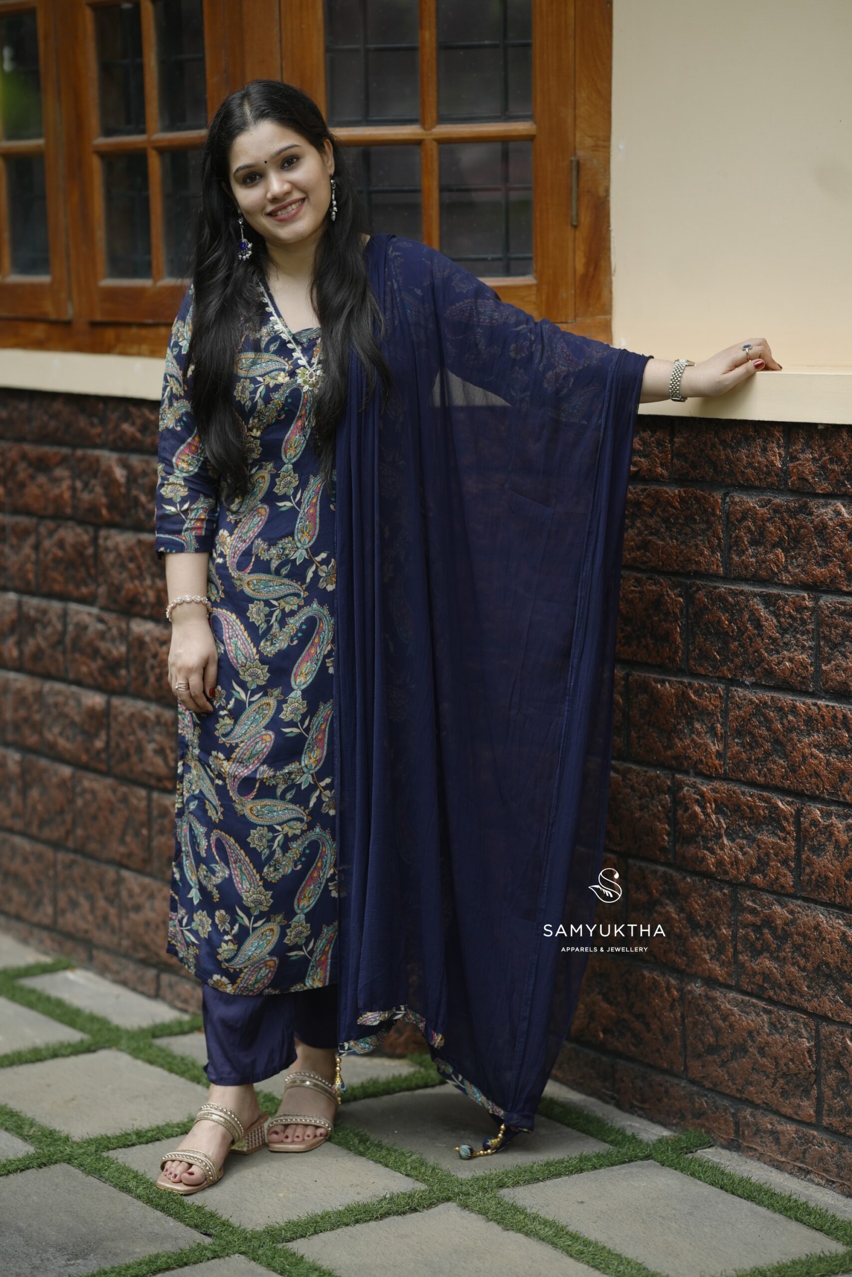 chinon royal blue kurta set