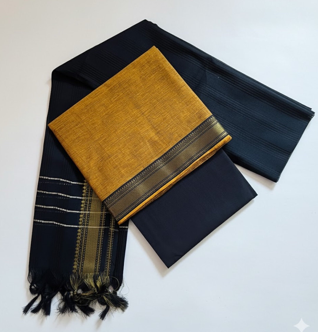 Mangalagiri unstitched set mustard/black