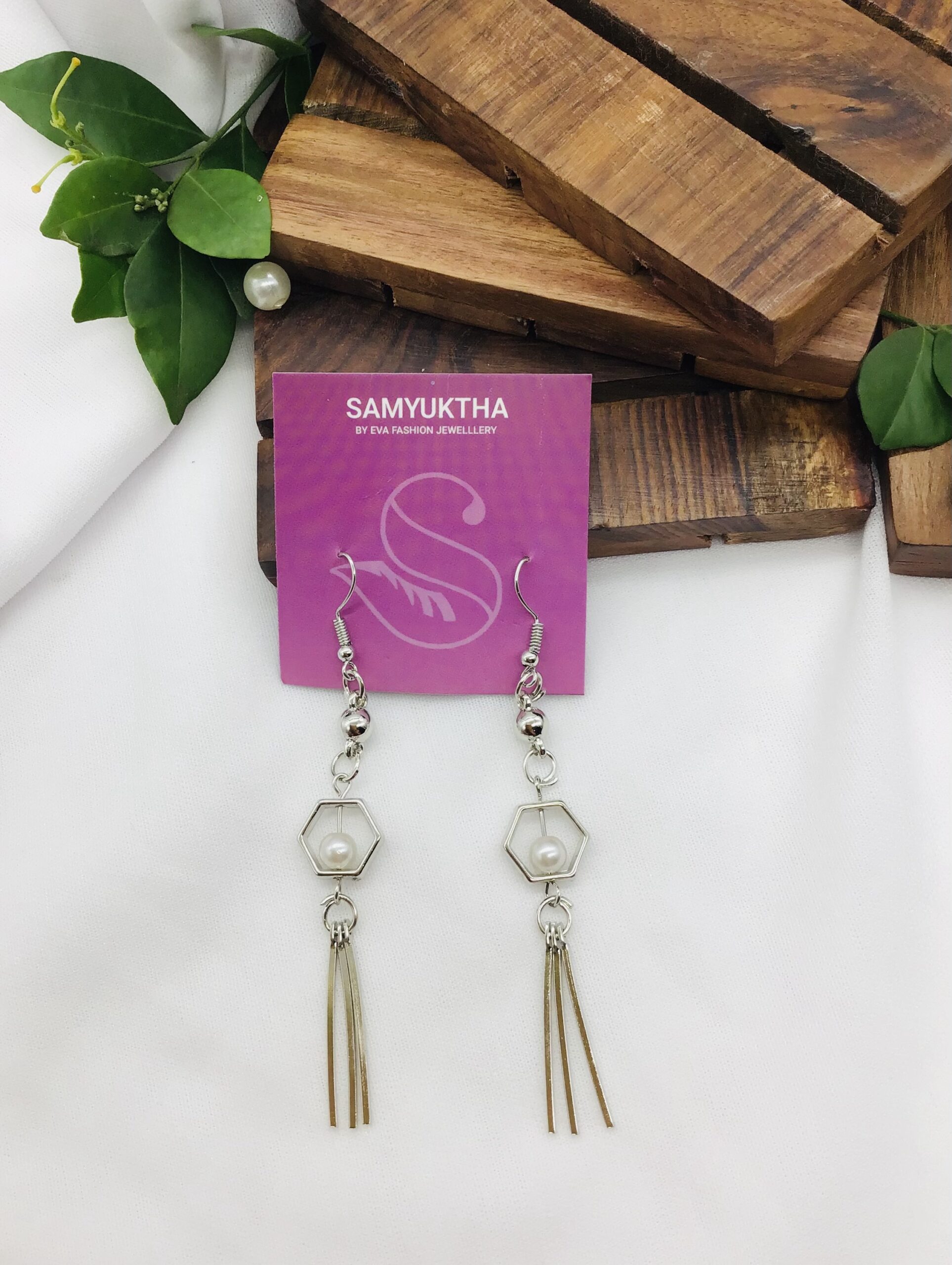 Hexagon Pearl Dangle Earrings